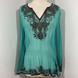 Cache Blouse‎ Womens S Green Silk Sheer Embroidered Boho Peasant Top